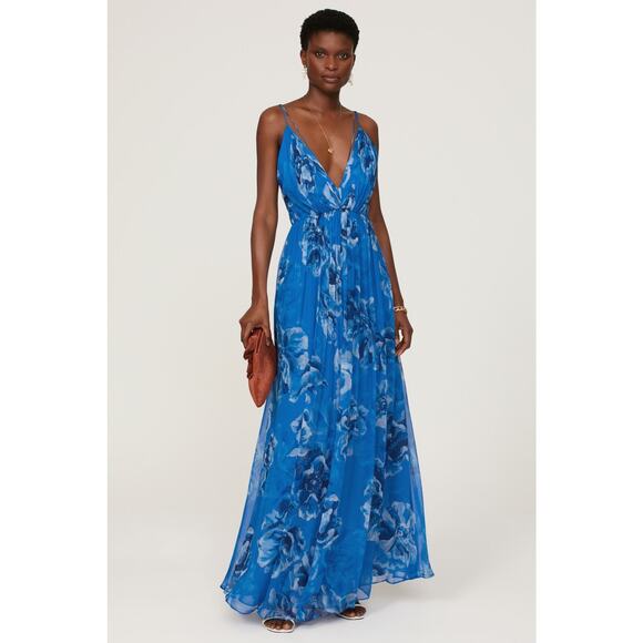 HALSTON Bright Blue Floral Chiffon V-Neck Criss-Cross Open Back Maxi Dress Size4 - Picture 2 of 14